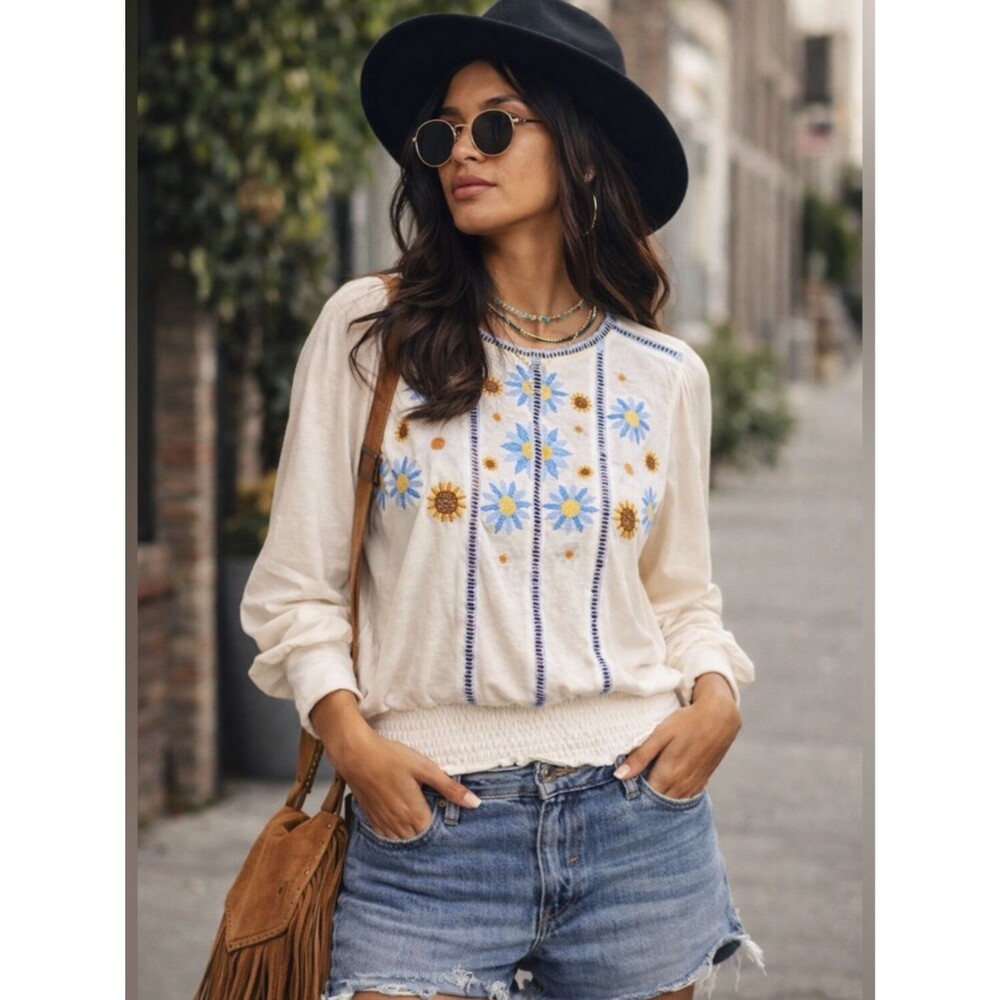 Dear John Embroidered Sunflower Blouse Small Boho Floral Lace Smocked Top